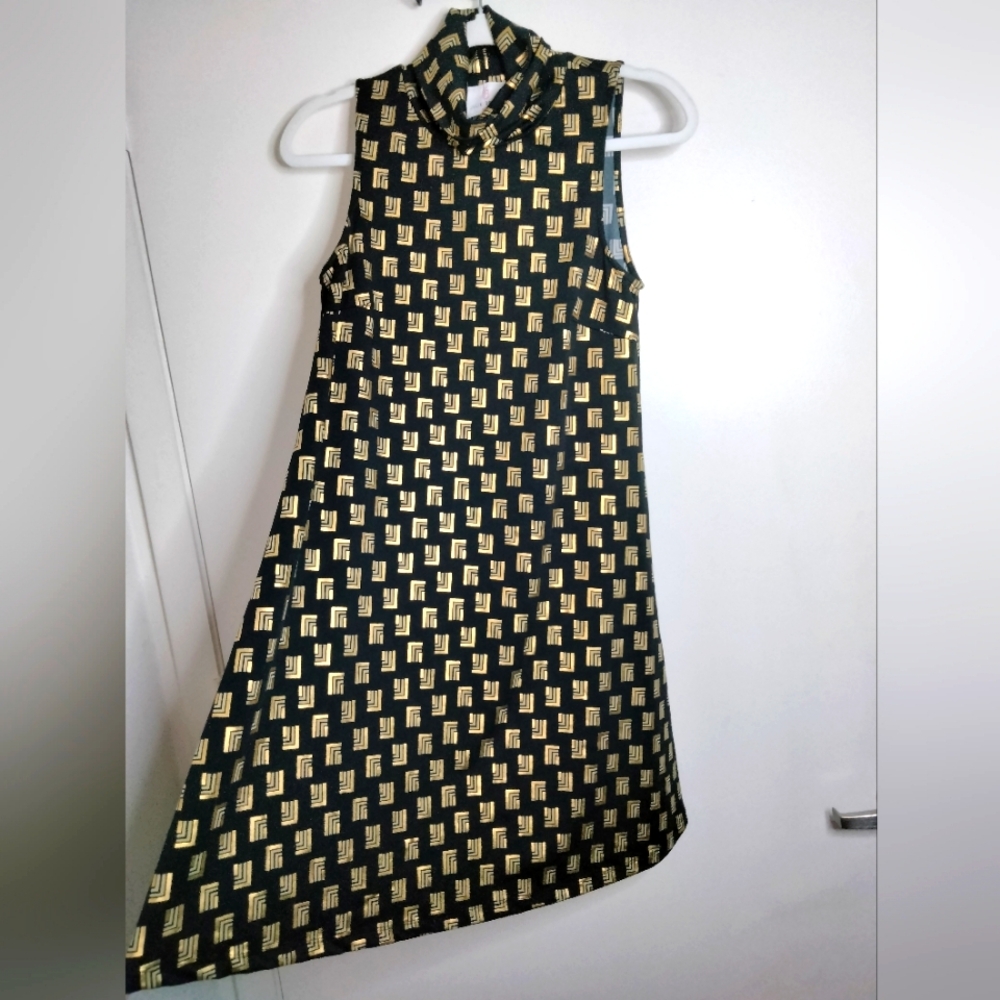 Julie Brown NYC (Sz S) Black & Gold Monogram Sleeveless Turtleneck Shift Dress
